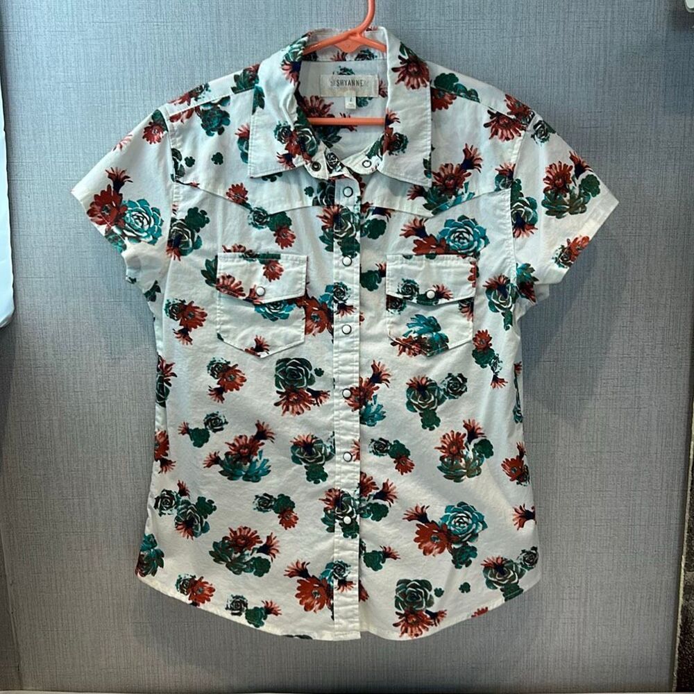 Shyanne Girls Floral Print Short Sleeve Western Pearl Snap Shirt Sz Large Rodeo